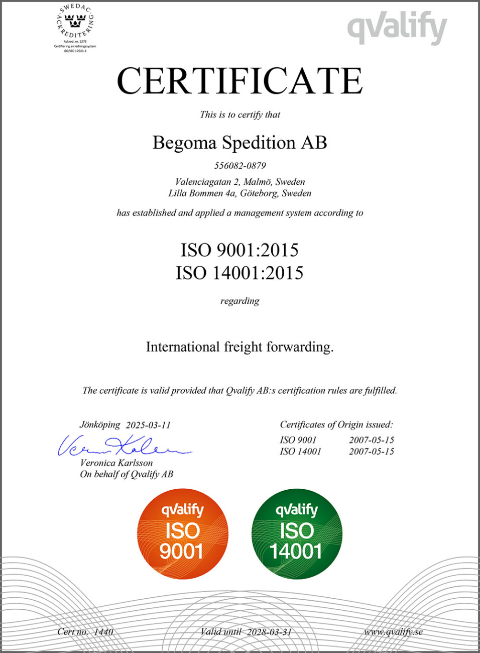 Begoma ISO 9001 and ISO 14001